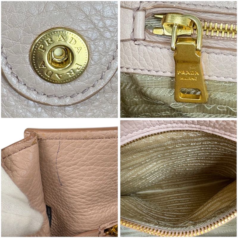 Prada 2-Way Tote Shoulder Bag Vittero Dino Leather Triangle Logo Pink Beige — view 8