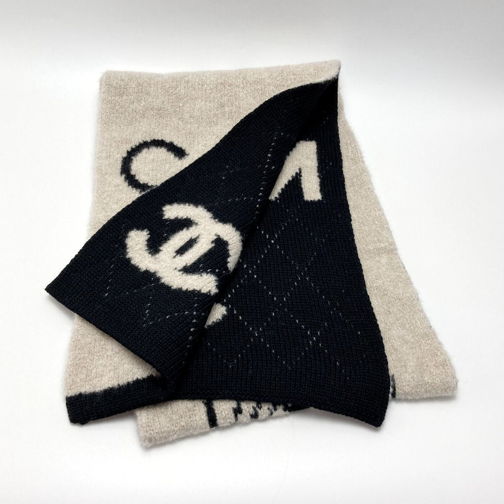 Chanel Logo Camellia Muffler Beige Black Wool Cashmere Silk Stole Scarf — view 2