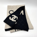 Chanel Logo Camellia Muffler Beige Black Wool Cashmere Silk Stole Scarf — view 2