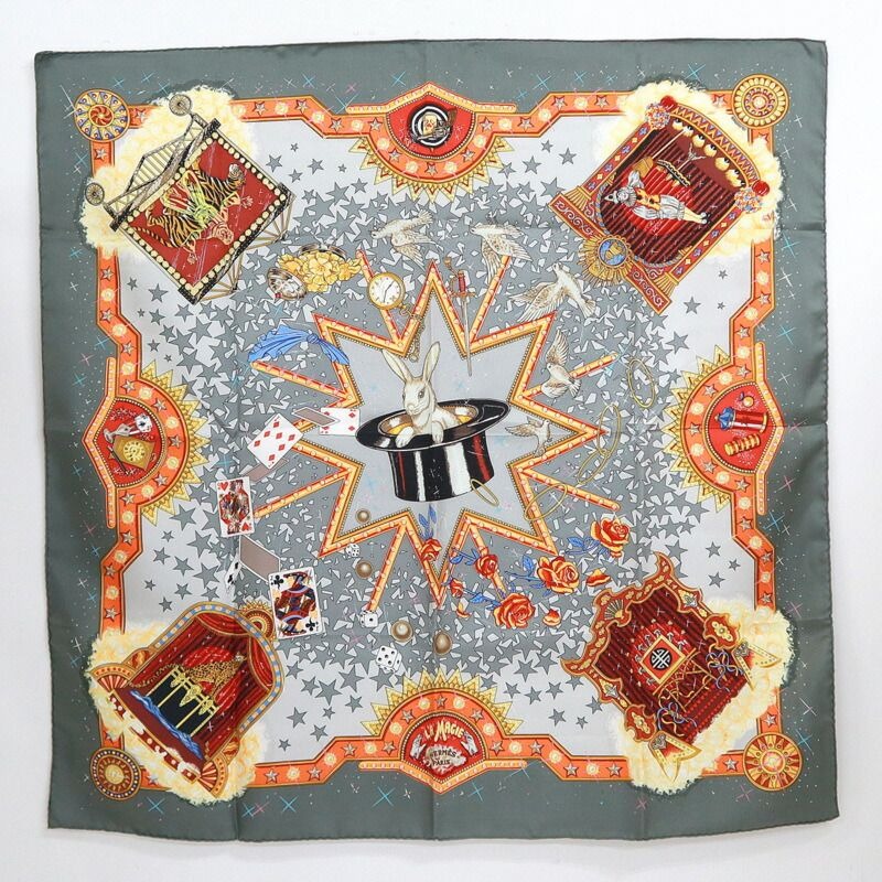Hermes Carre 90 Magic la Magie Gray Orange Silk Scarf