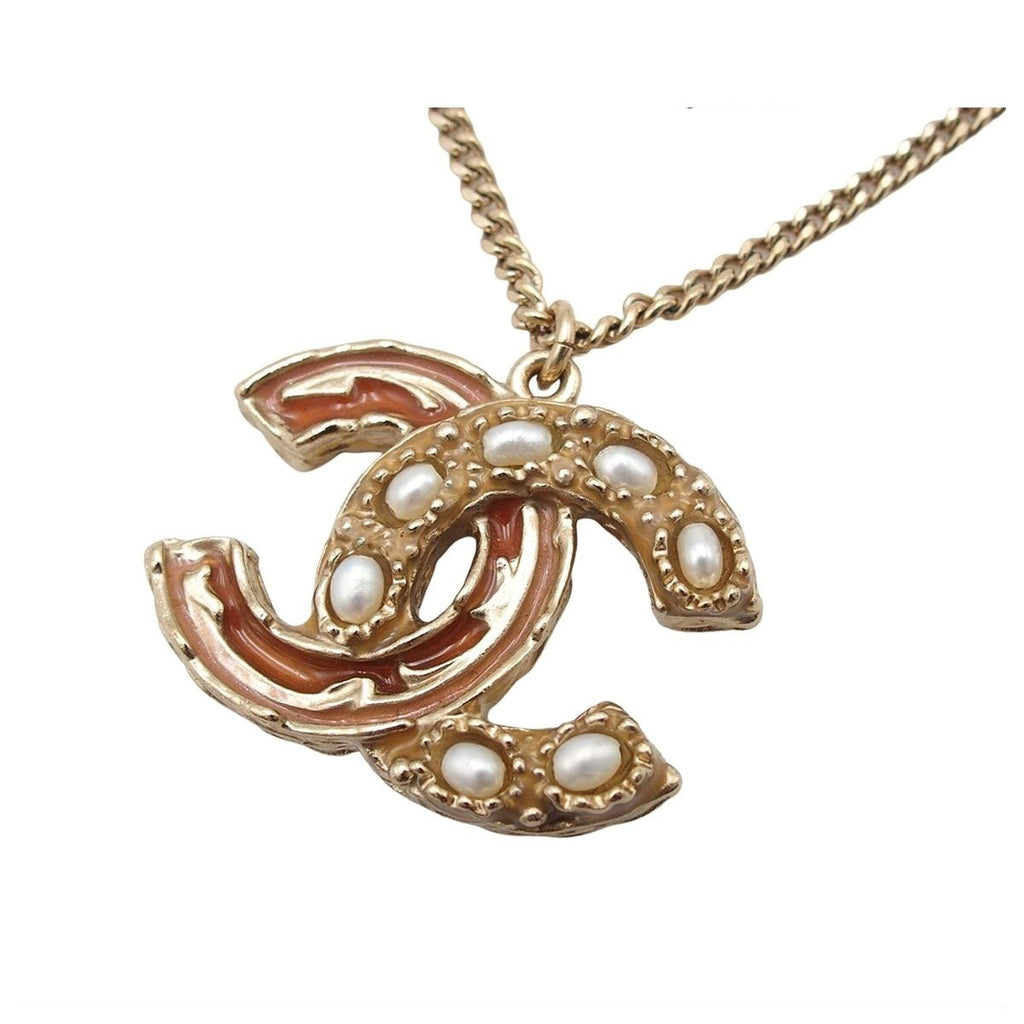 Chanel Necklace Light Gold Metal CC Logo Stone Faux Pearl