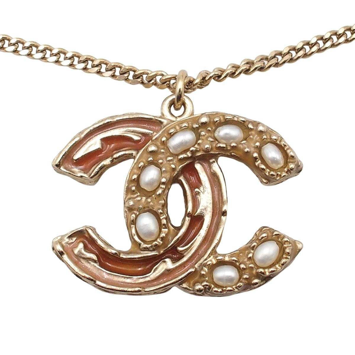 Chanel Necklace Light Gold Metal CC Logo Stone Faux Pearl — view 3