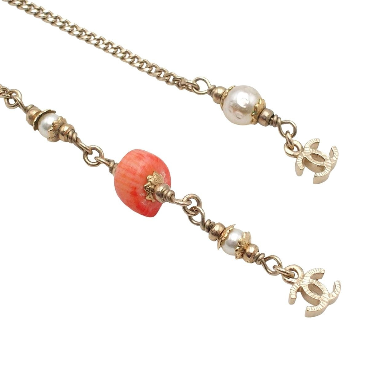 Chanel Necklace Light Gold Metal CC Logo Stone Faux Pearl — view 6