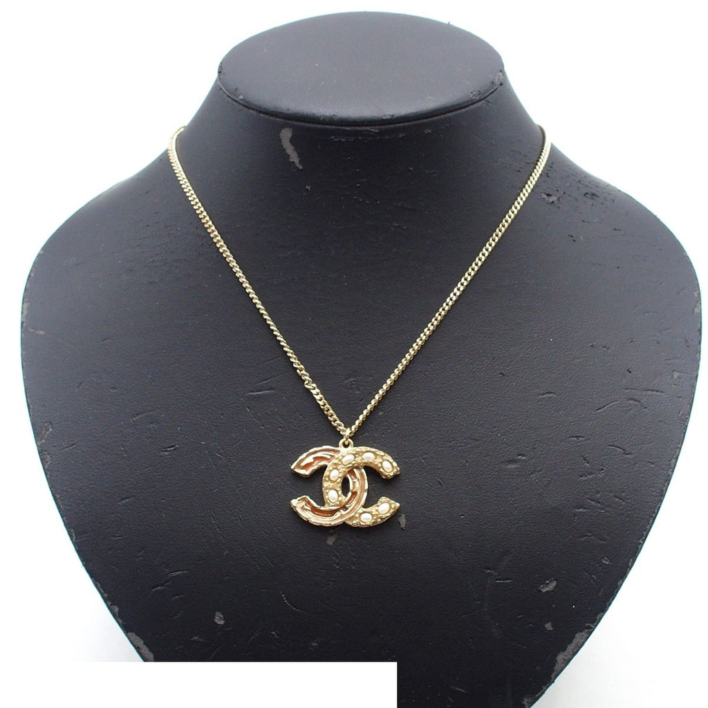 Chanel Necklace Light Gold Metal CC Logo Stone Faux Pearl — view 8