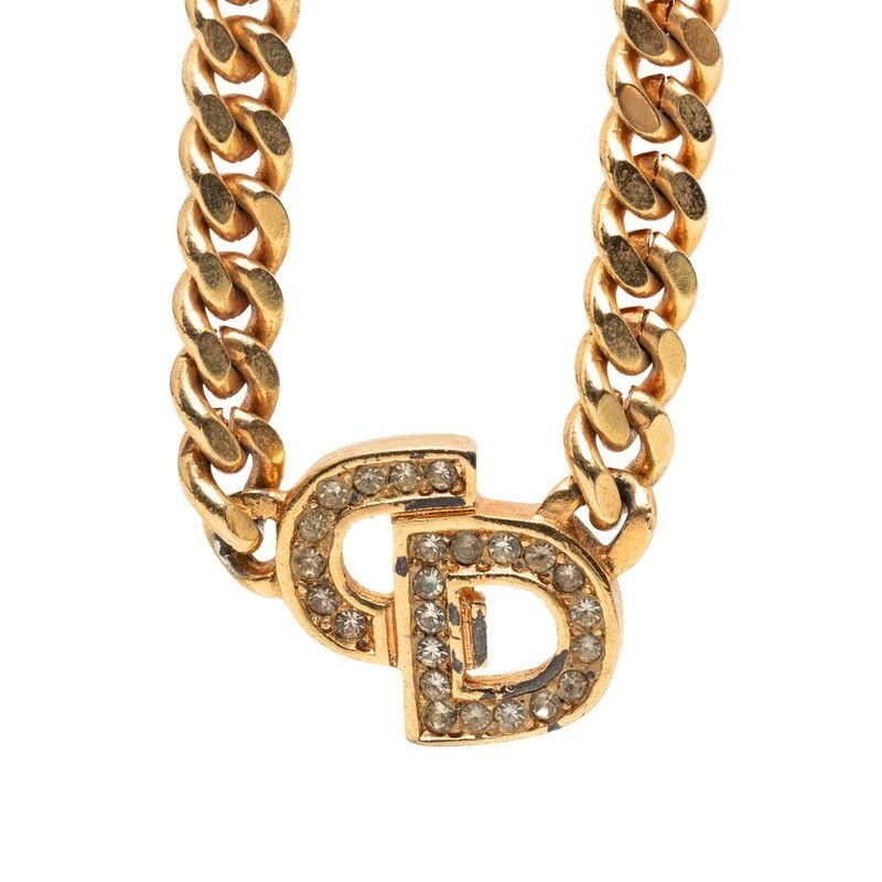Dior CD Logo Rhinestone Necklace Gold Plated