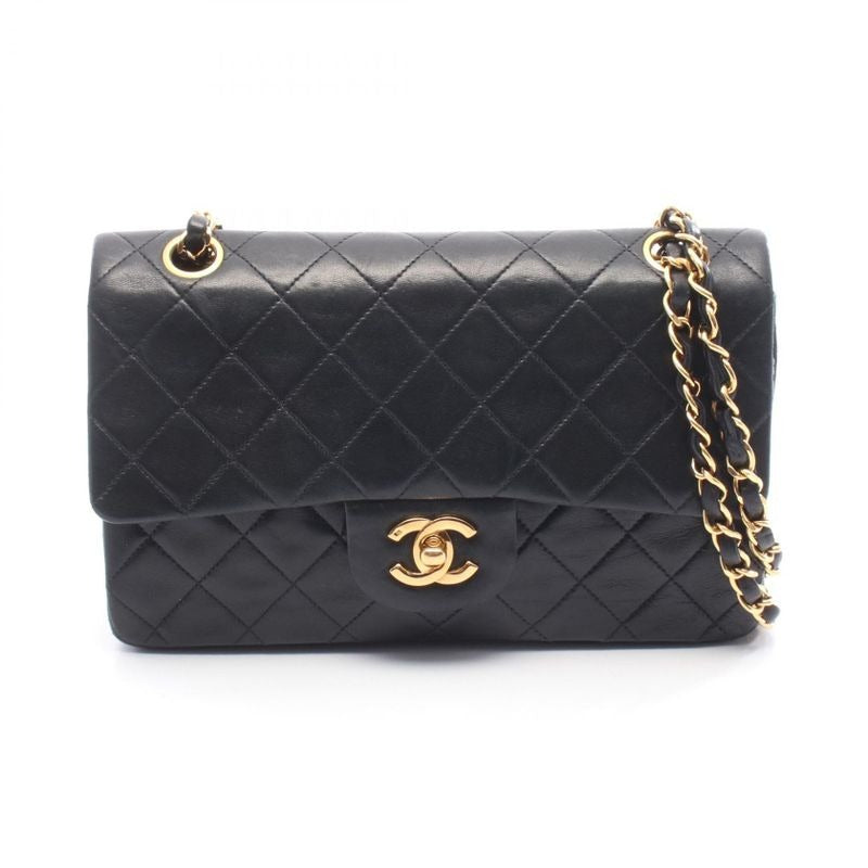 Chanel Shoulder Bag Quilted Double Flap Black Lambskin Chain