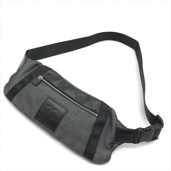 Chanel CC Logo Sports Waist Body Shoulder Bag Black Lame