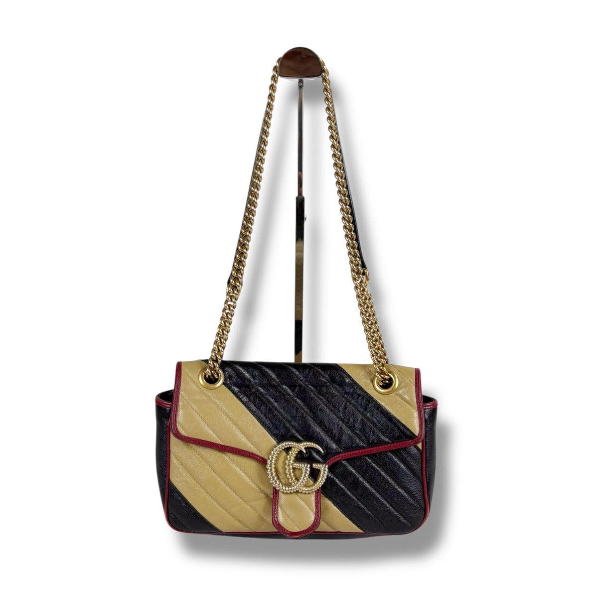Gucci Quilted GG Marmont Chain Shoulder Bag Black Beige Red