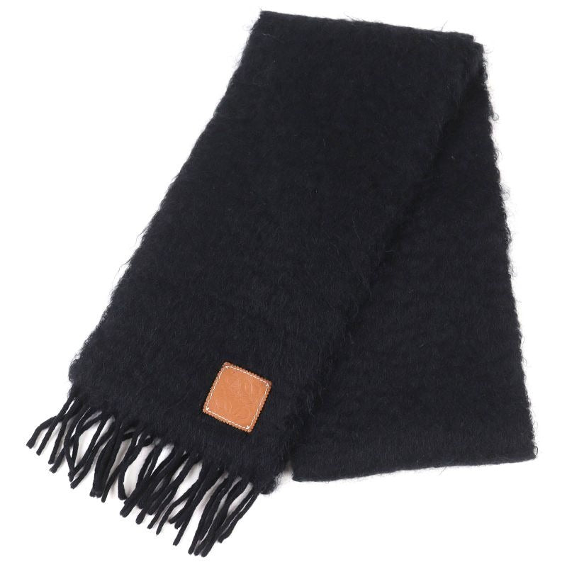 Loewe Mohair Wool Anagram Logo Patch Fringe Long Muffler Black Scarf