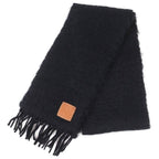 Loewe Mohair Wool Anagram Logo Patch Fringe Long Muffler Black Scarf