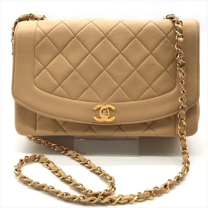 Chanel Diana CC Logo Quilted Lambskin Turnlock Chain Shoulder Bag Beige