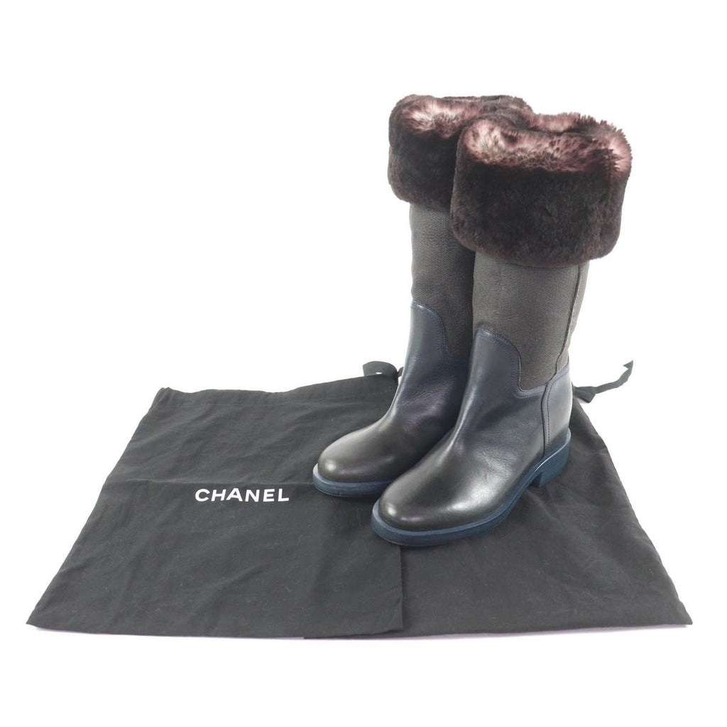 Chanel CC Logo Embroidered Leather Rabbit Fur Long Boots Brown Navy 35.5 Handbag — view 2