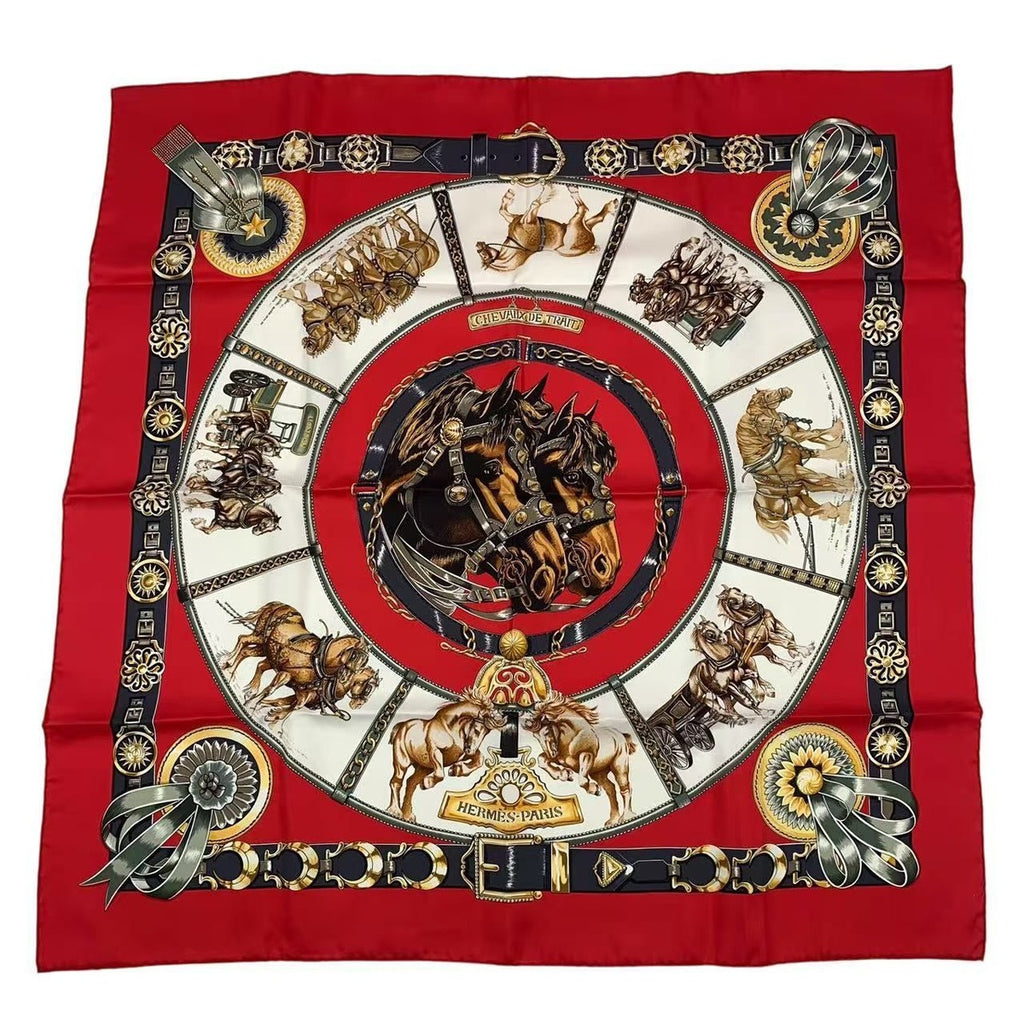 Hermes Carre 90 Chevaux de Trait Horse Silk Scarf Red — view 2