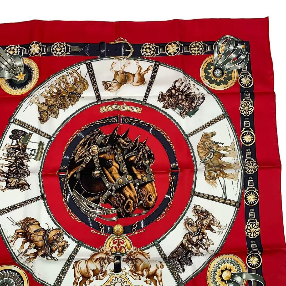 Hermes Carre 90 Chevaux de Trait Horse Silk Scarf Red — view 4