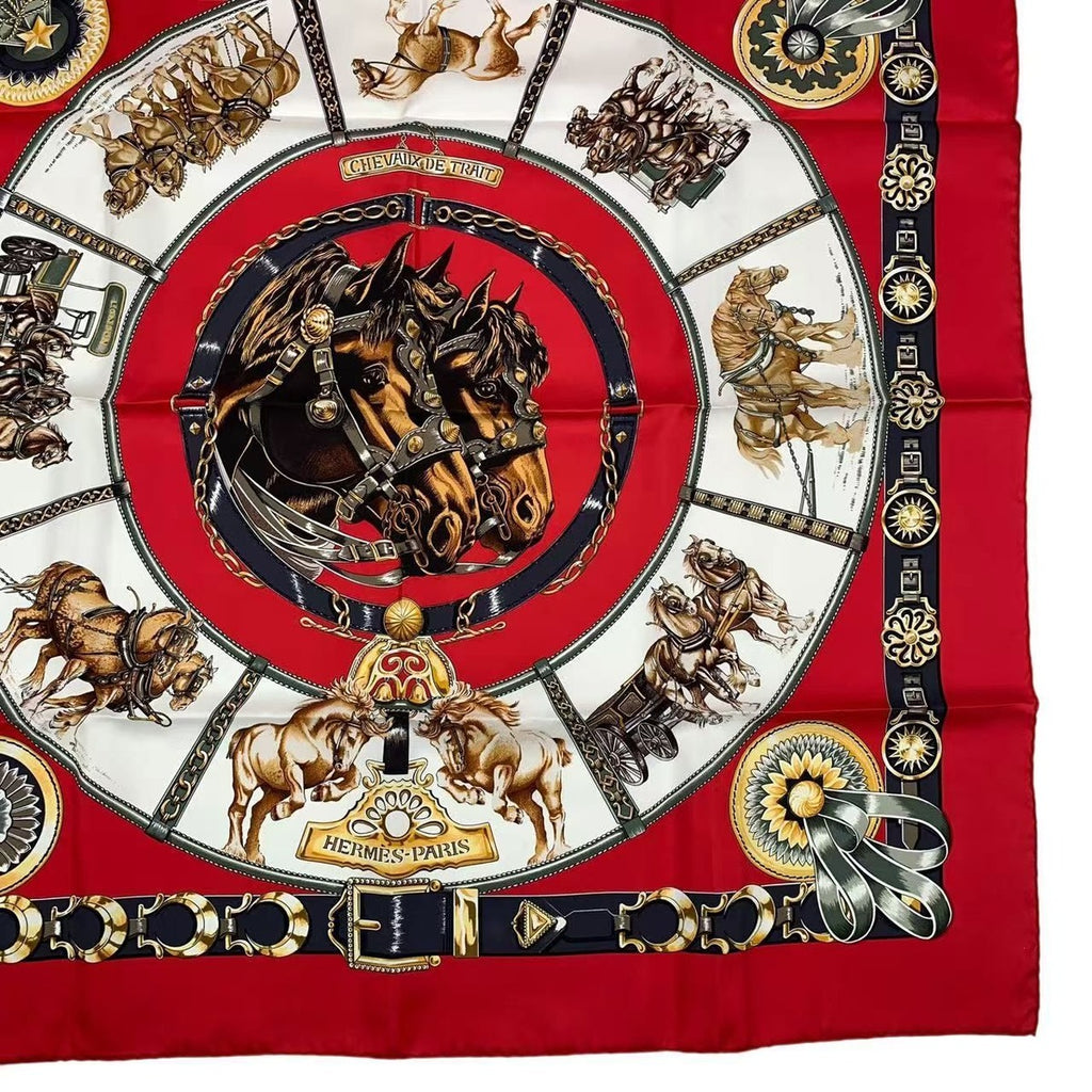 Hermes Carre 90 Chevaux de Trait Horse Silk Scarf Red — view 6