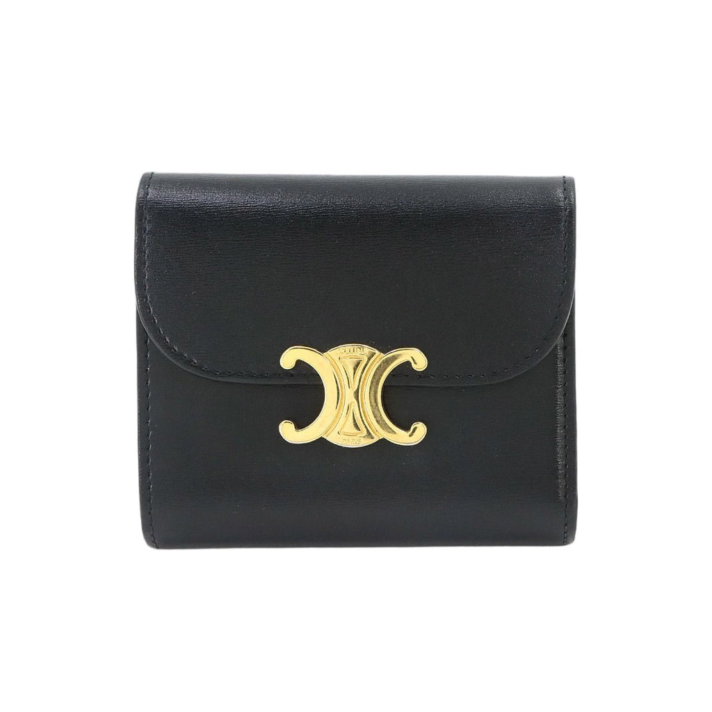 Celine Triomphe Compact Wallet Trifold Leather Black Gold