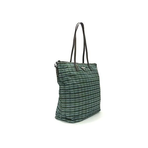 Prada Shoulder Bag Triangle Logo Green Brown Tessuto Nylon Check Pattern 2-Way — view 2