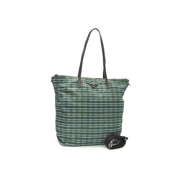 Prada Shoulder Bag Triangle Logo Green Brown Tessuto Nylon Check Pattern 2-Way