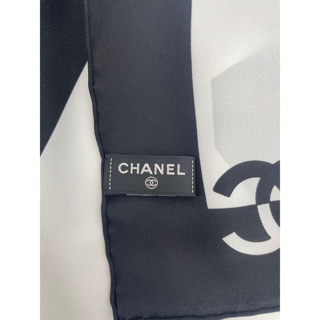 Chanel Silk Large Scarf CC Logo Mademoiselle White Black — view 9