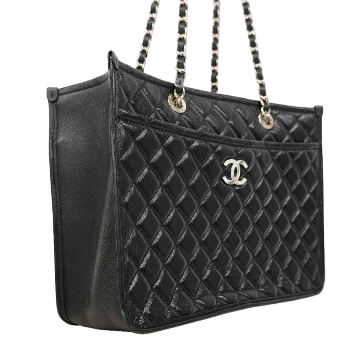 Chanel Chain Tote Quilted Calf Black Silver — view 2