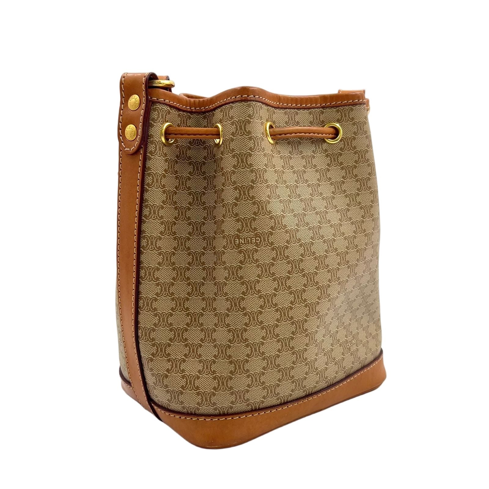Celine Macadam Pattern Drawstring Leather Beige Light Brown Shoulder Bag Gold — view 2