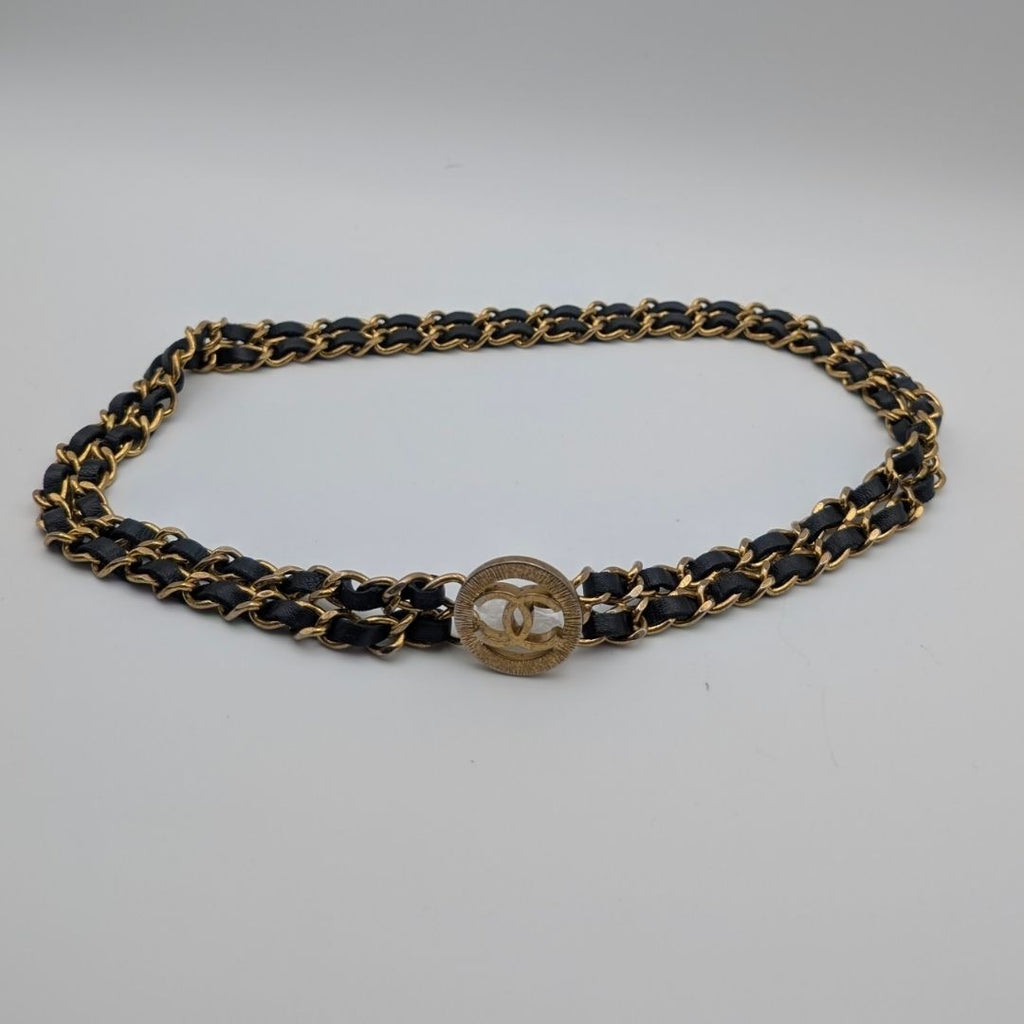 Chanel Leather Chain Belt CC Logo Round Gold Black