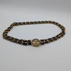 Chanel Leather Chain Belt CC Logo Round Gold Black
