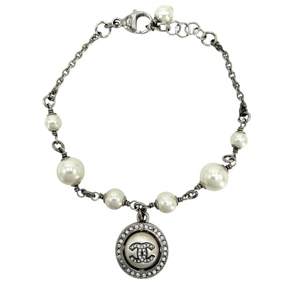 Chanel Bracelet CC Logo Adjustable Star with Faux Pearl Rhinestone Silver White