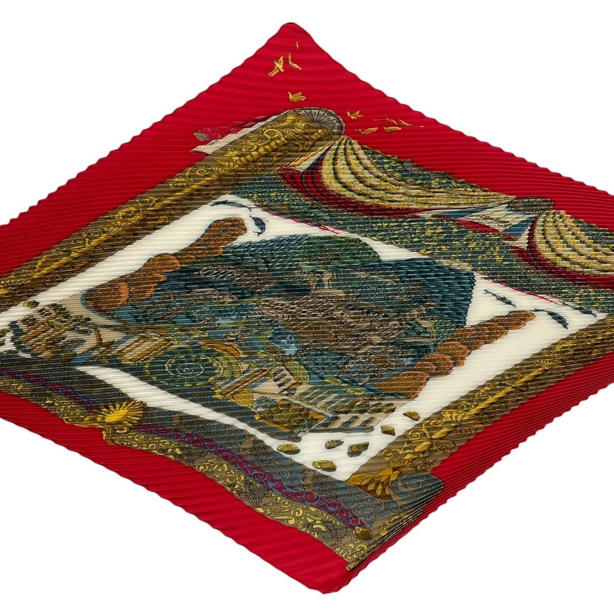 Hermes Scarf Pleated Silk L Atlantide Atlantis Continent Red — view 4
