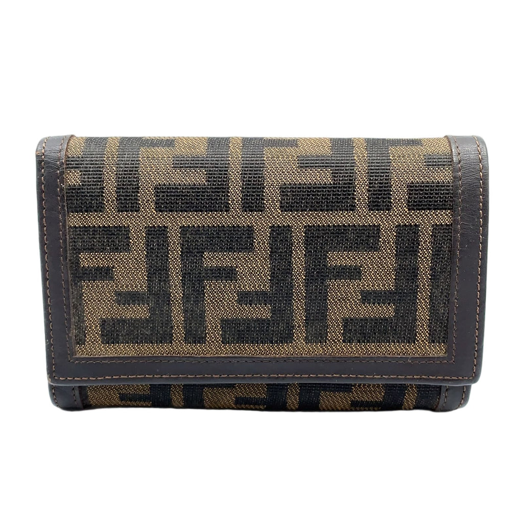 Fendi Zucca Pattern Leather Canvas Khaki Brown Bifold Wallet Silver