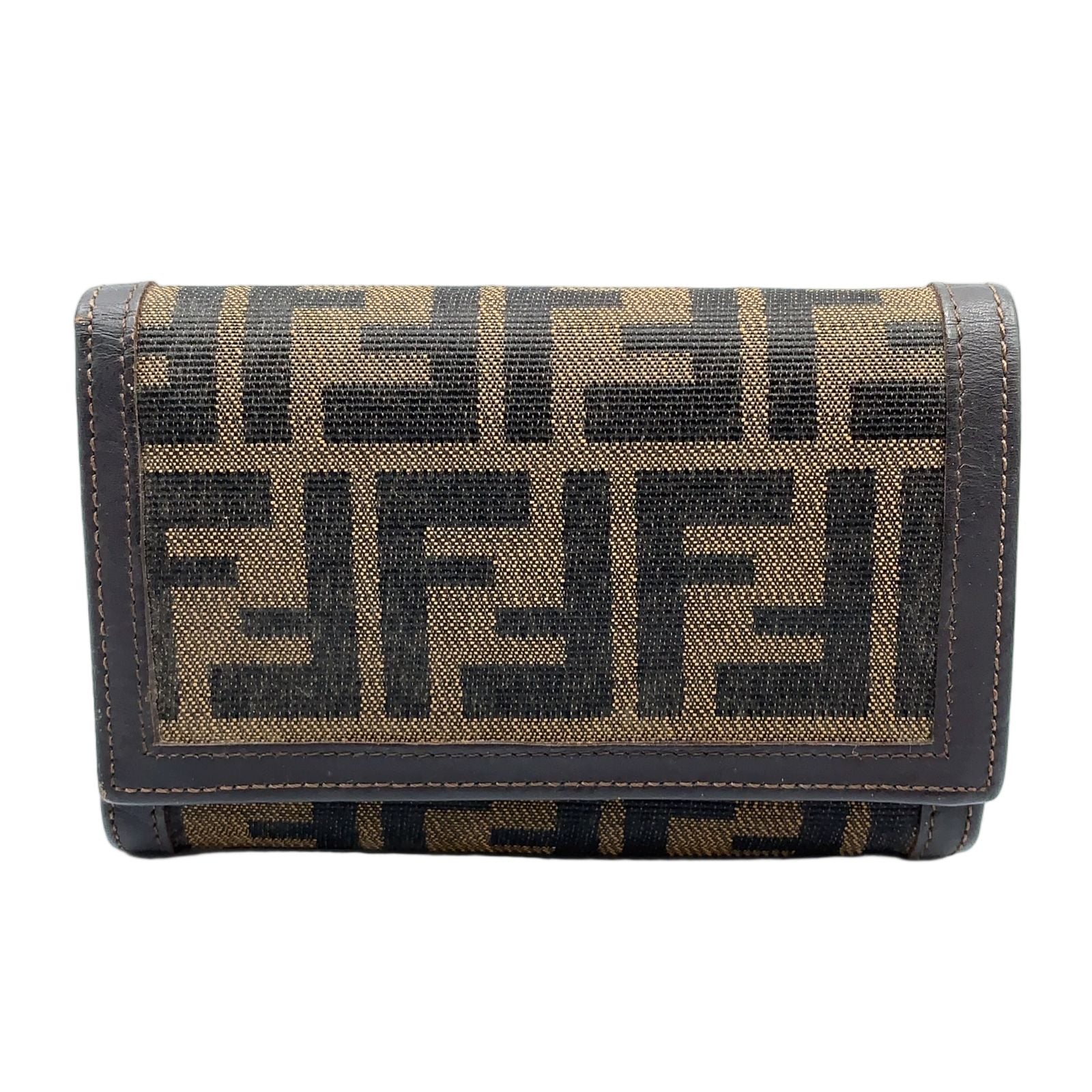 Fendi Zucca Pattern Leather Canvas Khaki Brown Bifold Wallet Silver