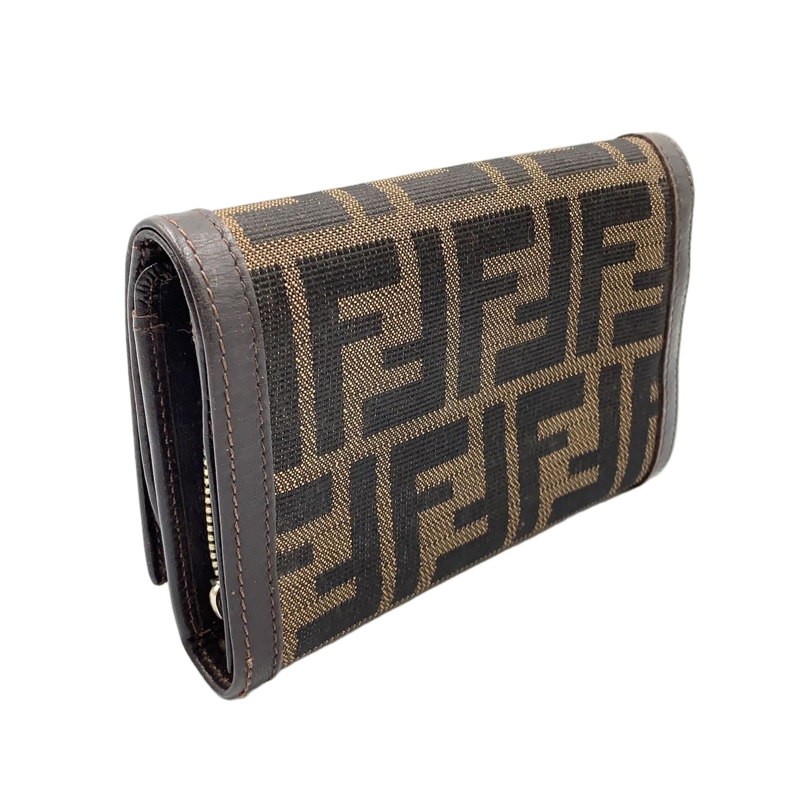 Fendi Zucca Pattern Leather Canvas Khaki Brown Bifold Wallet Silver — view 2
