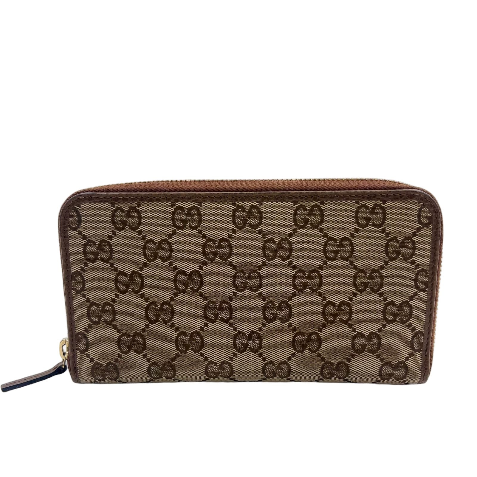 Gucci Zip Around Leather Canvas Brown Wallet Gold