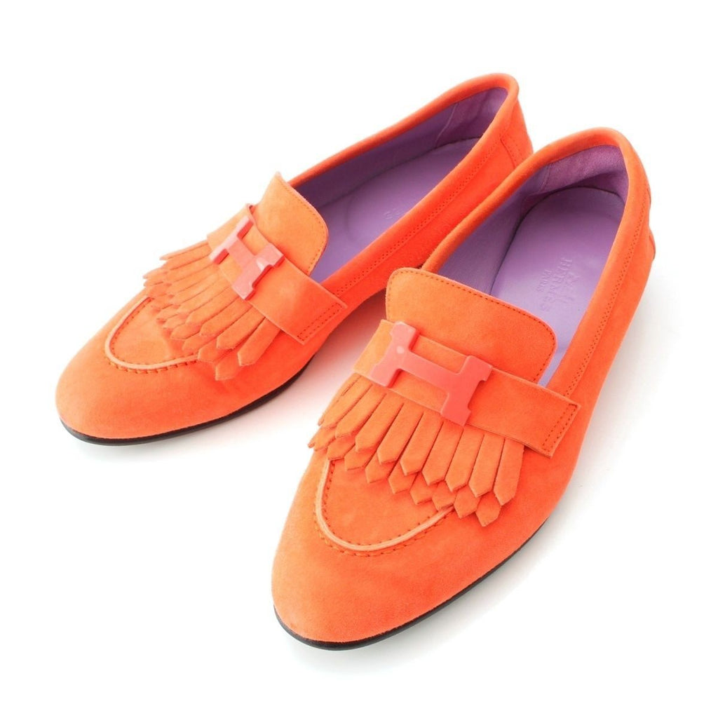 Hermes Royale Suede Motif Loafers Shoes Orange 36