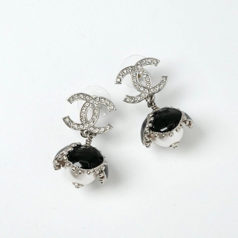 Chanel Earrings Silver Black Coco Mark Rhinestone Flower — view 2