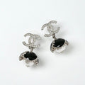 Chanel Earrings Silver Black Coco Mark Rhinestone Flower