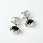 Chanel Earrings Silver Black Coco Mark Rhinestone Flower