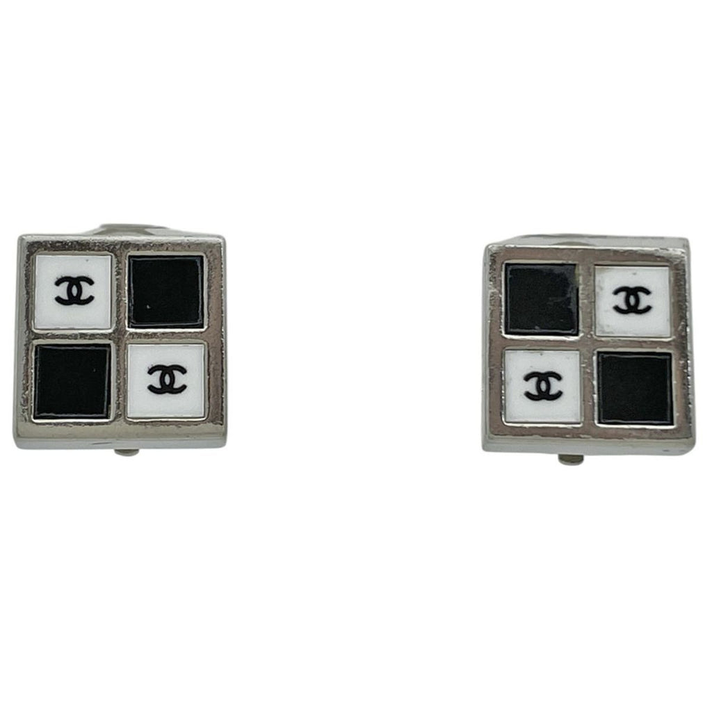 Chanel CC Logo Square Earrings Silver Plated Black White