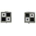 Chanel CC Logo Square Earrings Silver Plated Black White
