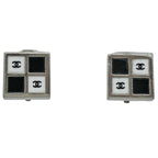 Chanel CC Logo Square Earrings Silver Plated Black White