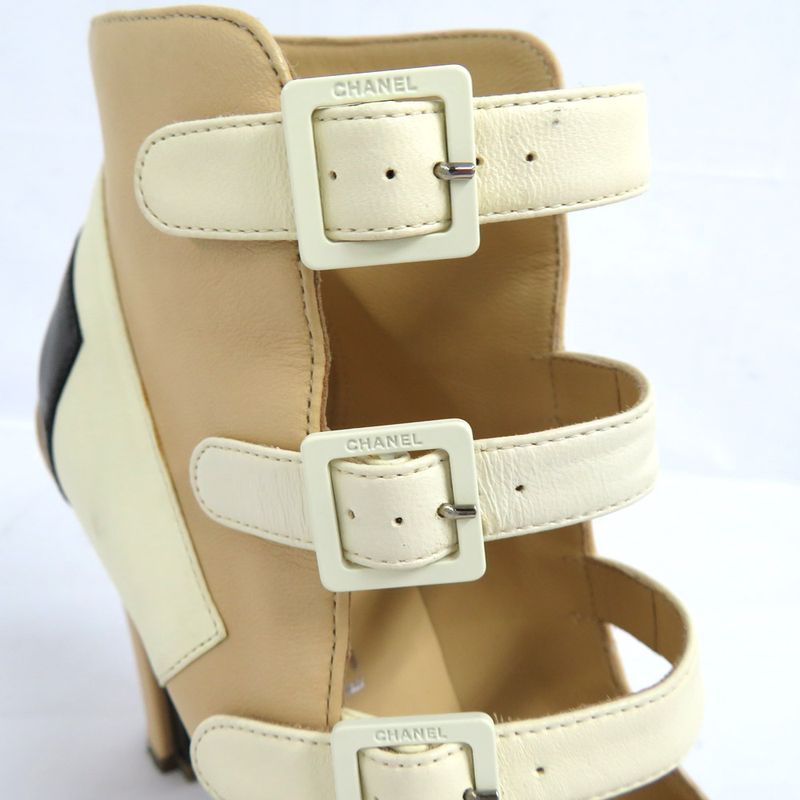 Chanel Short Boots Ankle Strap Coco Mark 35.5 Beige Black White — view 6