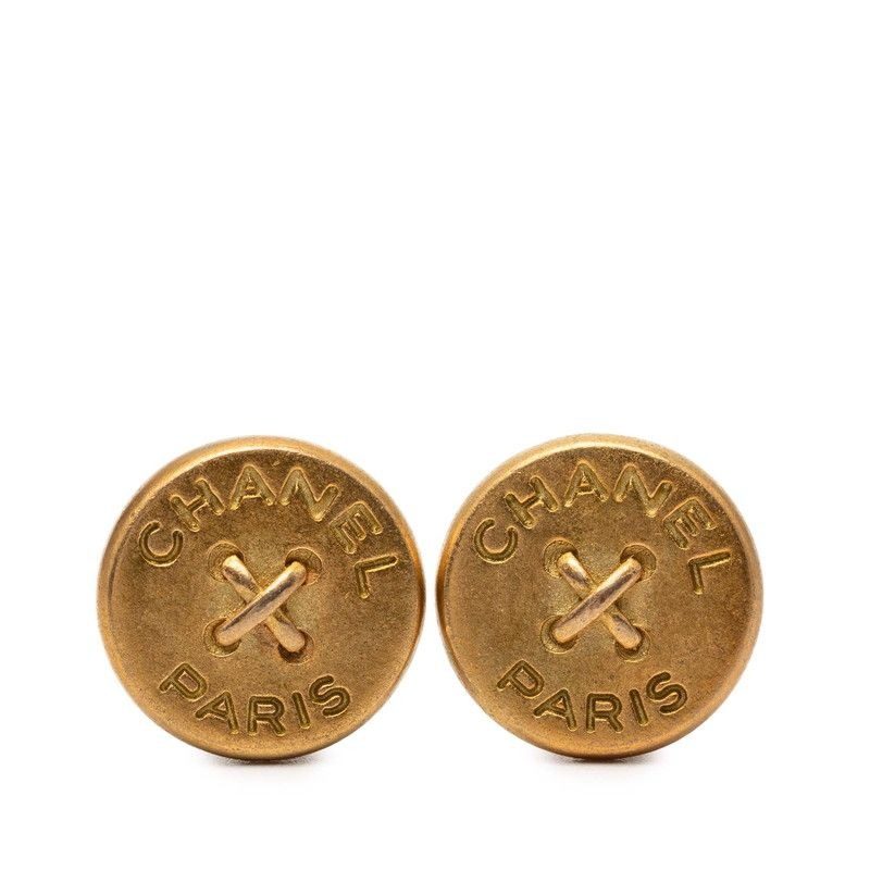 Chanel Logo Button Motif Earrings Gold Plated
