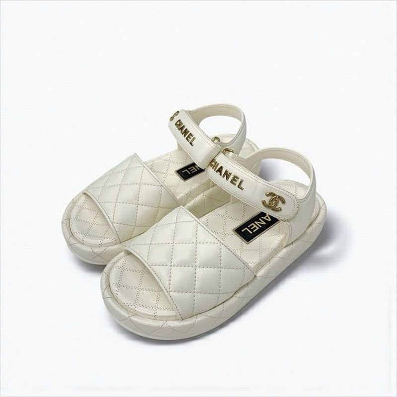 Chanel Sandals Shoes Leather White Gold Quilted Coco Mark Logo Velcro