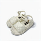Chanel Sandals Shoes Leather White Gold Quilted Coco Mark Logo Velcro