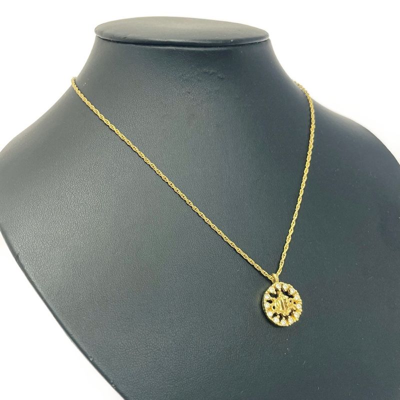 Dior GP Rhinestone Logo Emblem Round Necklace Gold — view 3