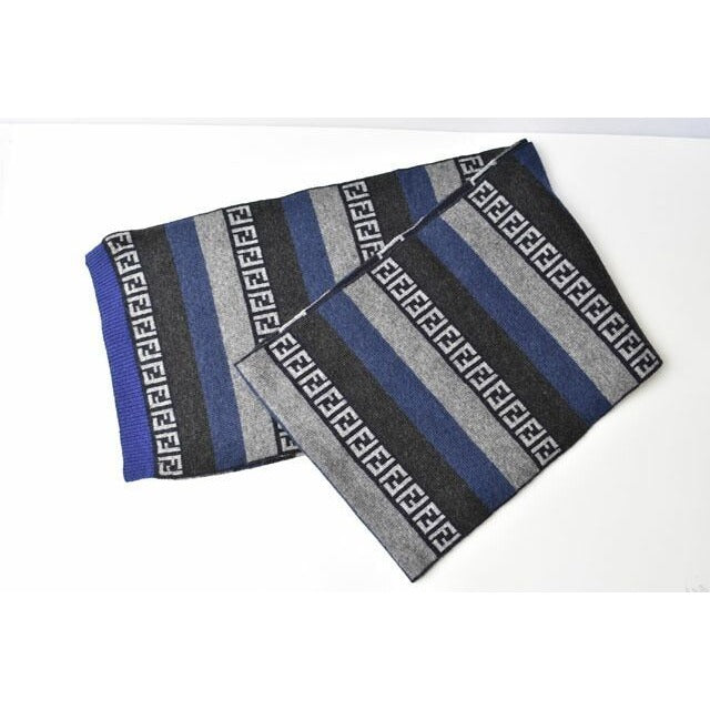 Fendi Scarf Winter Wool Blend FF Zucca Pattern Striped Blue Gray — view 5