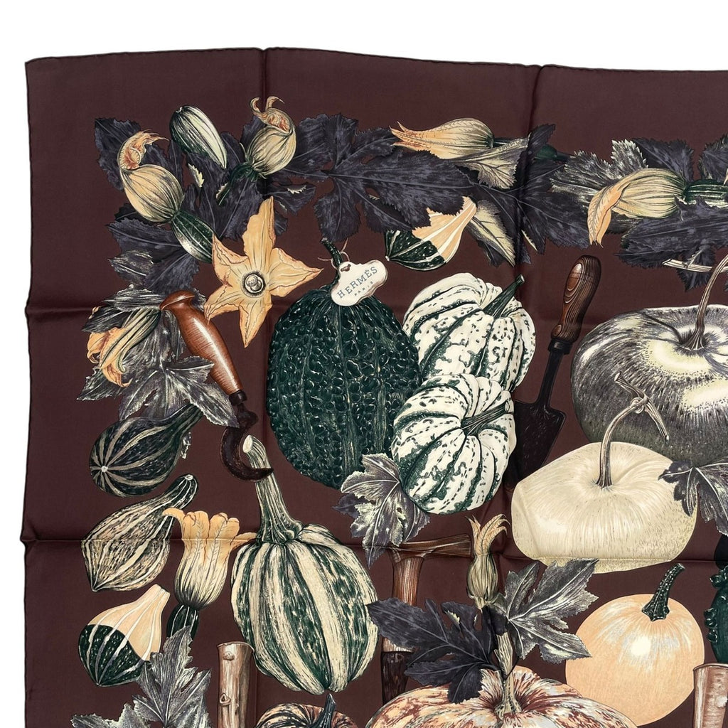 Hermes Scarf Silk Carre 90 Citrouilles ET Coloquintes Pumpkin and Colocint Brown — view 2