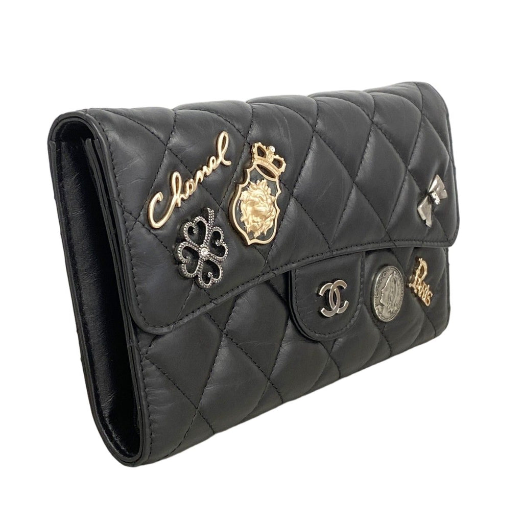Chanel Trifold Wallet Quilted Icon Calfskin Black Silver — view 2