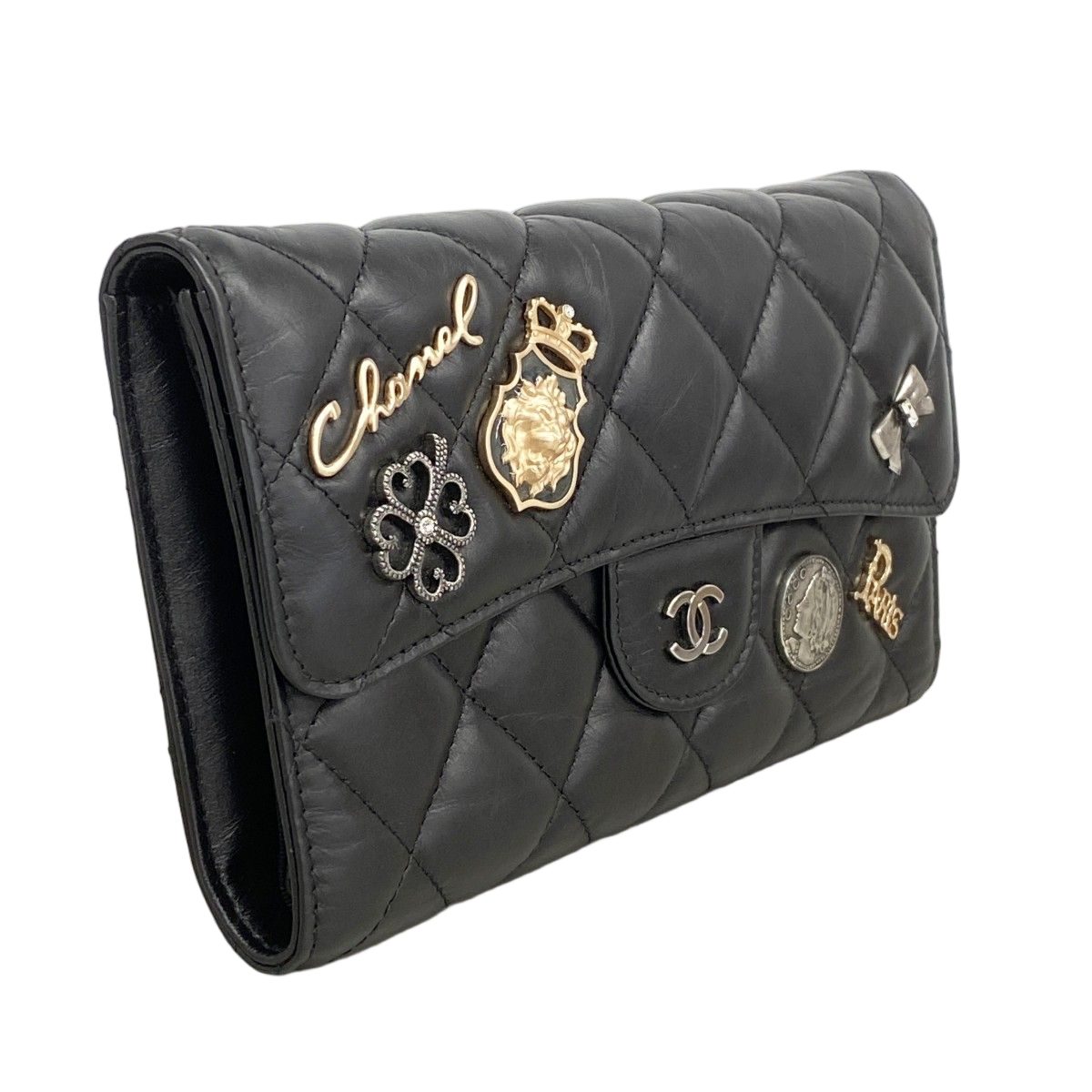 Chanel Trifold Wallet Quilted Icon Calfskin Black Silver — view 2