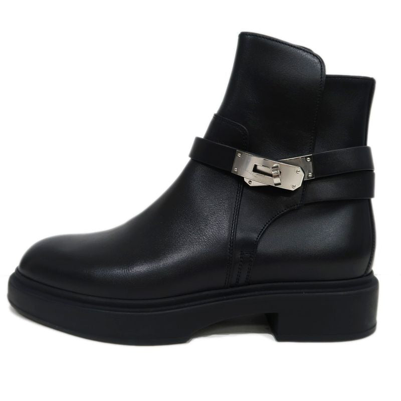 Hermes Short Boots Jeff Black Silver Hardware Leather Shoes
